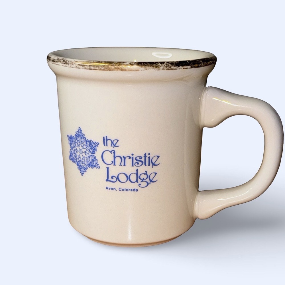 The Christie Lodge Vintage Coffee Mug Avon Colorado Cream Logo Gold Made in USA